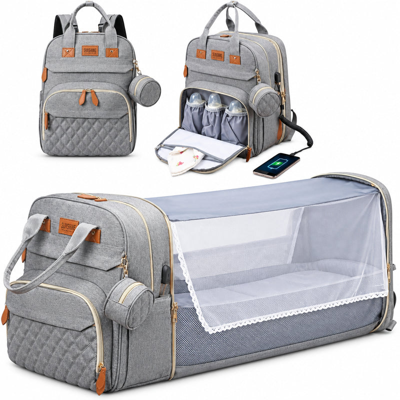 3-in-1 Baby Diaper Backpack – Foldable Changing Bed & USB