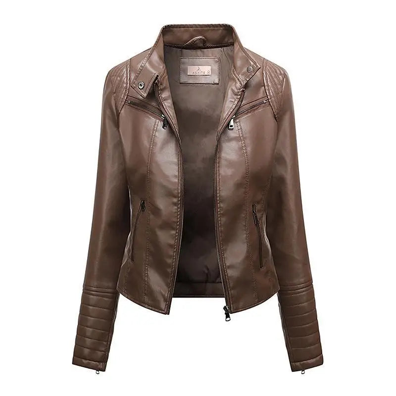 Women's Slim-Fit Black Luxe Moto-Style Jacket with High Collar