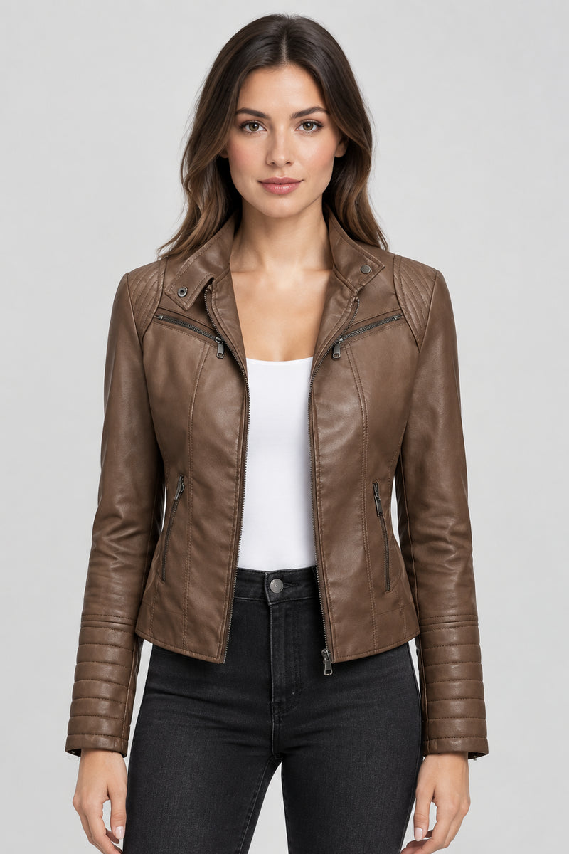 Women's Slim-Fit Black Luxe Moto-Style Jacket with High Collar