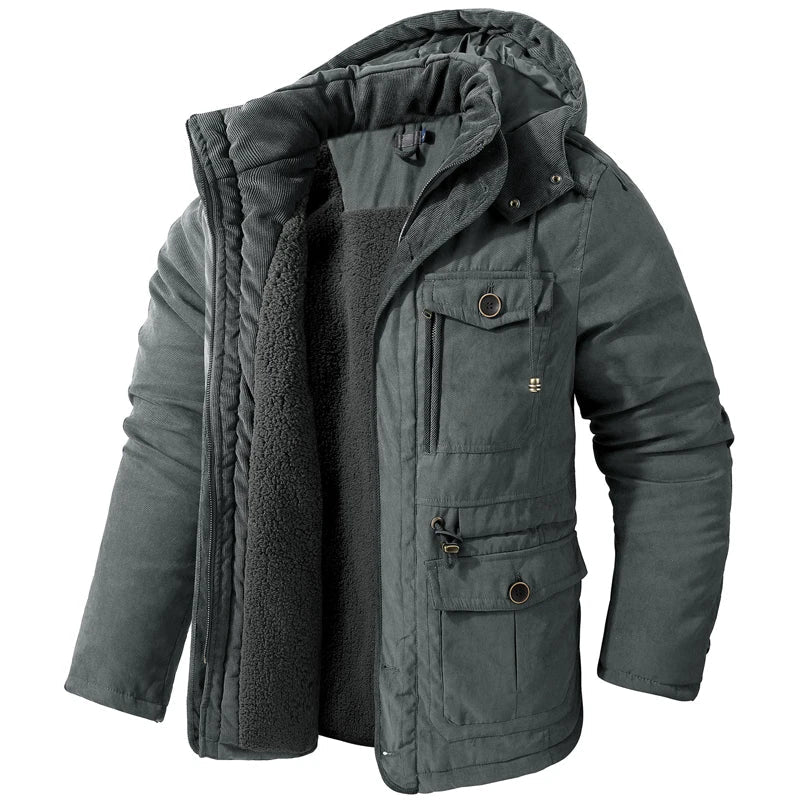 Men's Tactical Hooded Jacket with Fleece Lining and Pockets