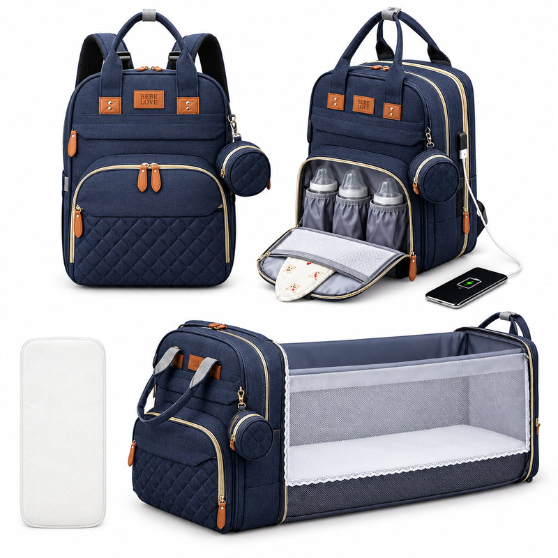 3-in-1 Baby Diaper Backpack – Foldable Changing Bed & USB