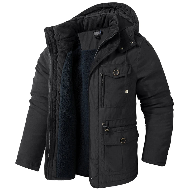 Men's Tactical Hooded Jacket with Fleece Lining and Pockets