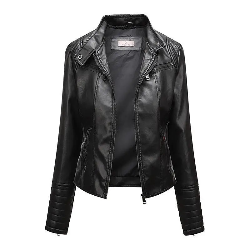 Women's Slim-Fit Black Luxe Moto-Style Jacket with High Collar