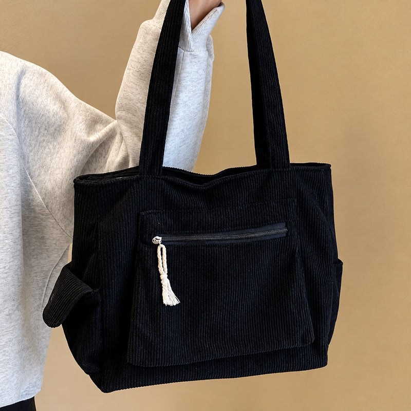 Retro Corduroy Tote Bag – Multi-Pocket Shoulder Bag