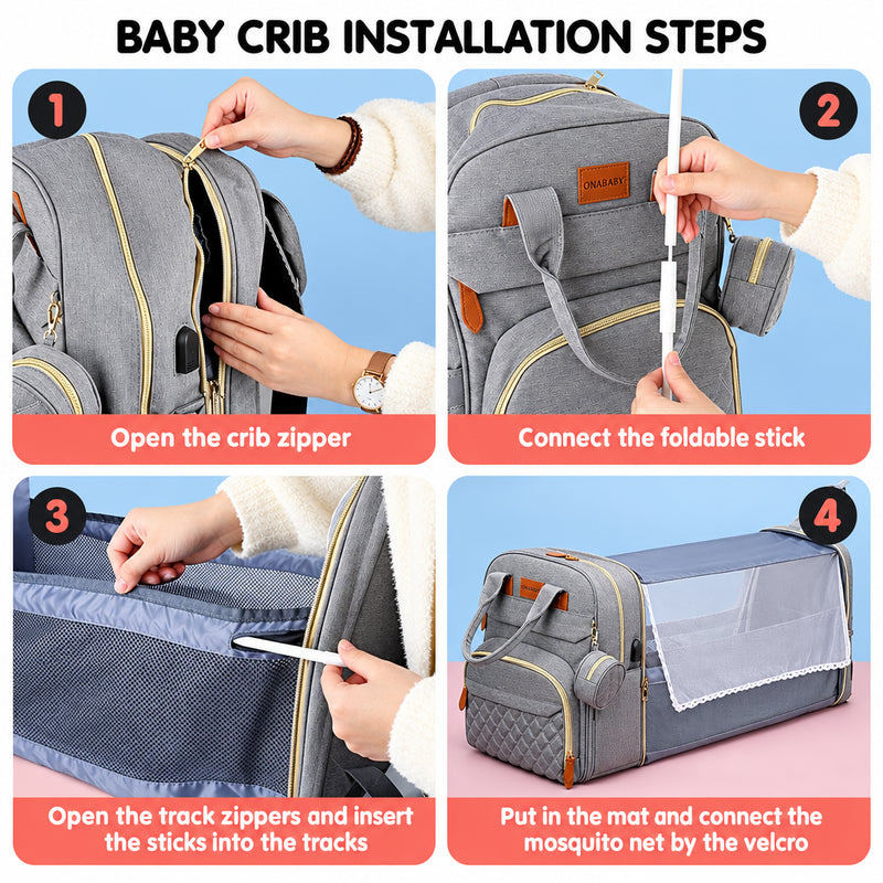 3-in-1 Baby Diaper Backpack – Foldable Changing Bed & USB