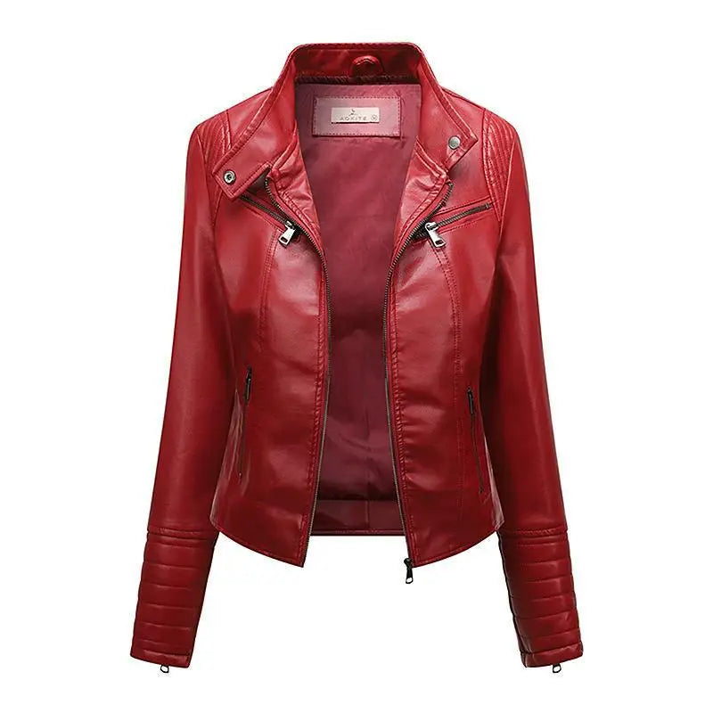 Women's Slim-Fit Black Luxe Moto-Style Jacket with High Collar