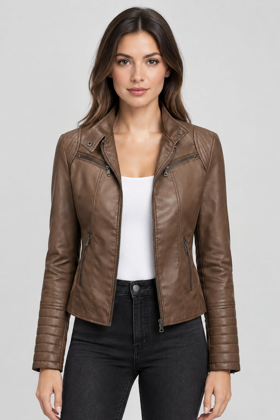 Women's Slim-Fit Black Luxe Moto-Style Jacket with High Collar