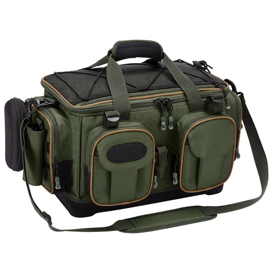 Water-Resistant Fishing Tackle Bag – Hard Base & Rain Cover