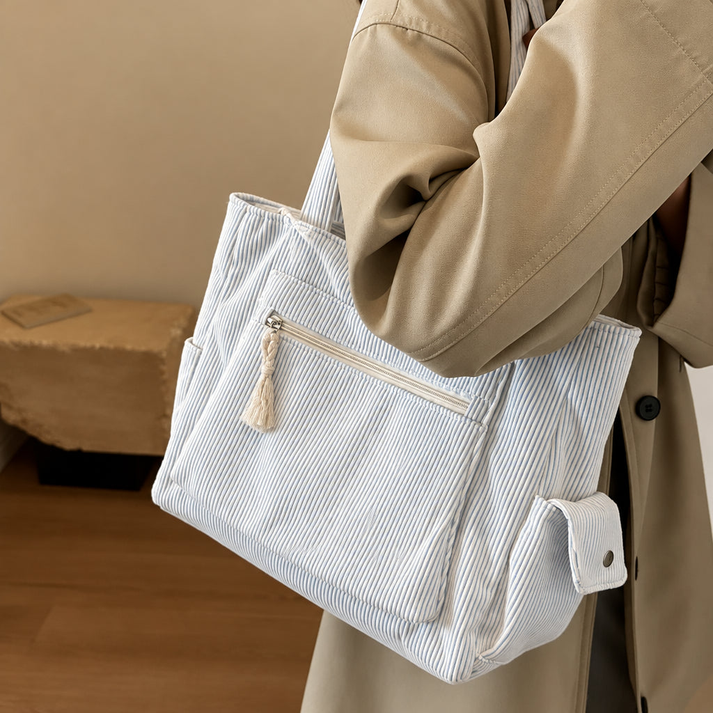 Retro Corduroy Tote Bag – Multi-Pocket Shoulder Bag