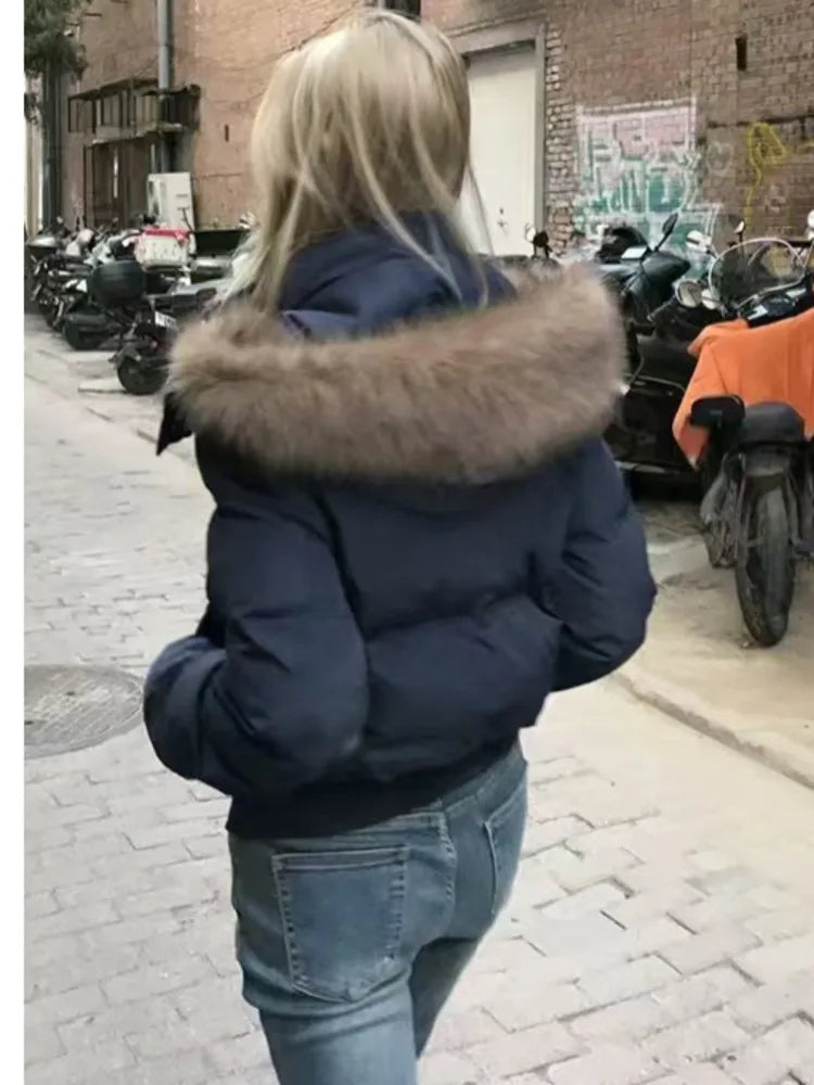 Women’s Cropped Puffer Jacket – Fur Hood, Warm & Stylish