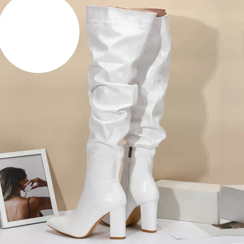 Women's Pleated Tall Boots with Chunky Heel and Zipper