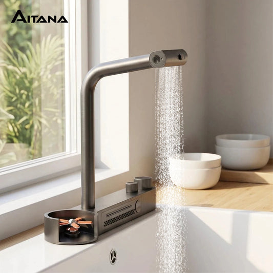 Modern Gunmetal Kitchen Faucet with LED Display & Pull-Out Multifunctional Sprayer