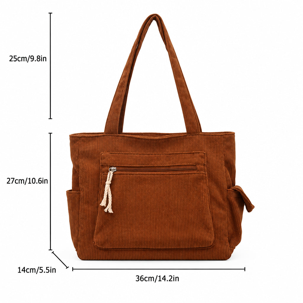 Retro Corduroy Tote Bag – Multi-Pocket Shoulder Bag
