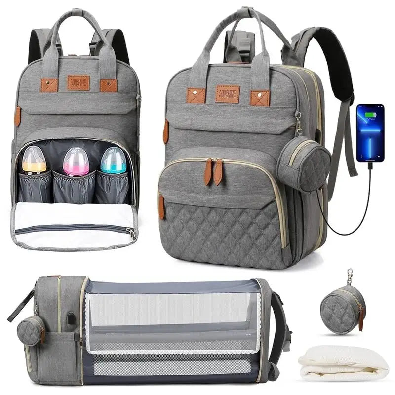 3-in-1 Baby Diaper Backpack – Foldable Changing Bed & USB