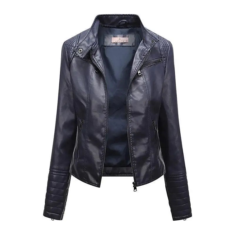 Women's Slim-Fit Black Luxe Moto-Style Jacket with High Collar