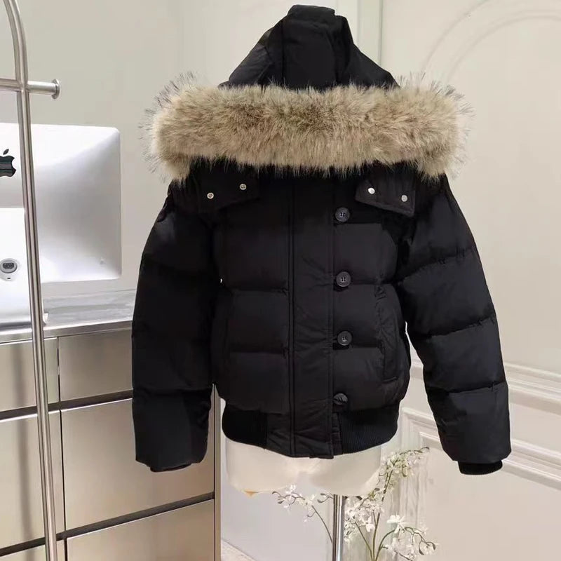 Women’s Cropped Puffer Jacket – Fur Hood, Warm & Stylish