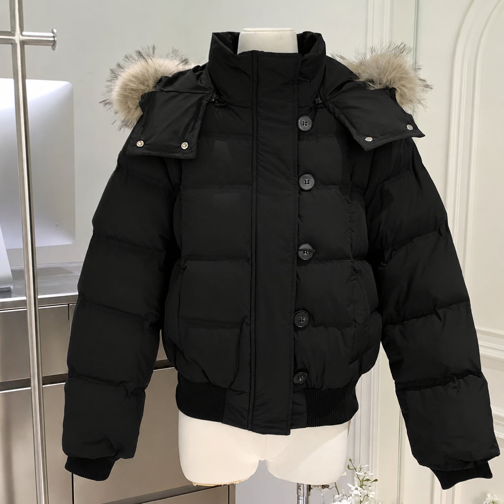 Women’s Cropped Puffer Jacket – Fur Hood, Warm & Stylish