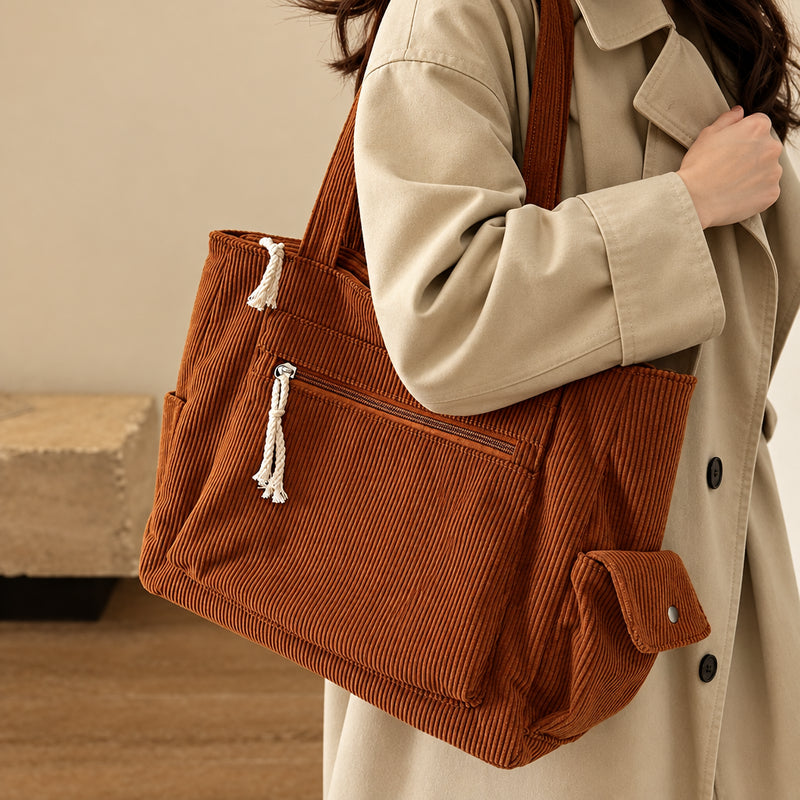 Retro Corduroy Tote Bag – Multi-Pocket Shoulder Bag