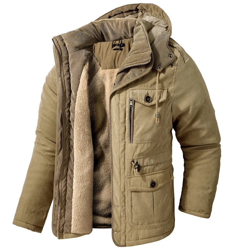 Men's Tactical Hooded Jacket with Fleece Lining and Pockets