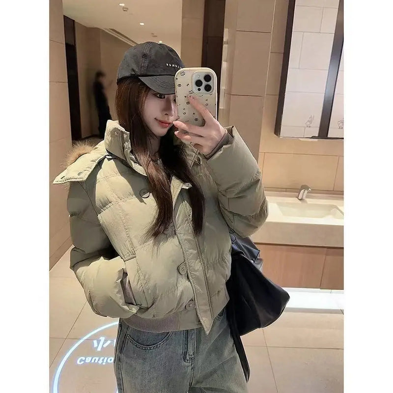 Women’s Cropped Puffer Jacket – Fur Hood, Warm & Stylish
