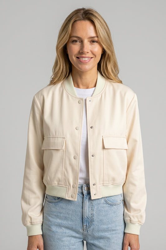 Women's Vintage Bomber Jacket – Chic V-Neck, Button-Up & Pockets