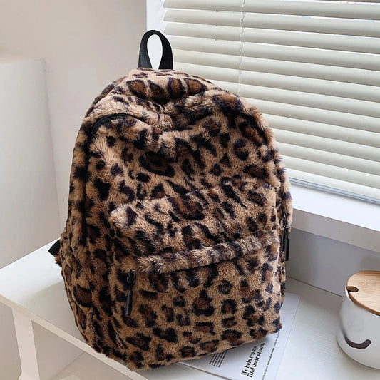 Luxury Leopard Plush Backpack – Large Capacity, Multi-Pocket & Chic