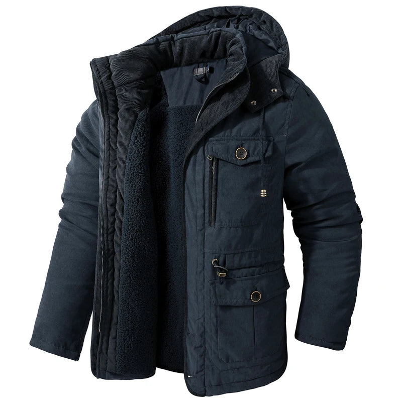 Men's Tactical Hooded Jacket with Fleece Lining and Pockets