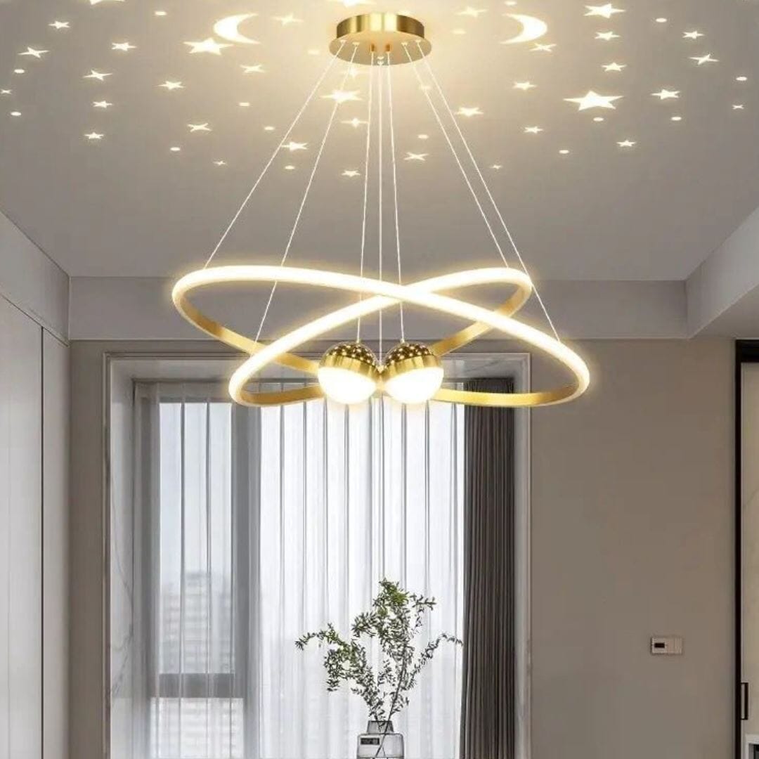 Lustre Pendente Luxuoso Circular Duplo em Led Lustre - 0012 Conceito Dourado 